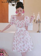 皇妃雅丽小众定款小仙粉色印花雪纺款拼接白色蝴蝶结连衣裙L3738#