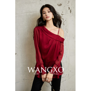 wangxo丨微透视朦胧氛围感薄雪纱料丨荷叶，边不对称斜肩造型雪纺衫
