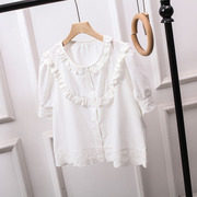 夏季法式娃娃衫上衣女大码宽松短款白色，衬衫设计感洋气百搭泡泡袖