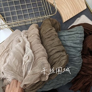 秋冬棉麻手感纯色褶皱绵软围巾，韩版复古民族风，长条保暖灰色围