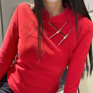 红色短款长袖t恤女2023年春季修身显瘦不规则立领打底衫上衣