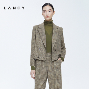 lancy朗姿秋冬短款羊毛西装外套，女修身英伦风，高级感通勤格子西服