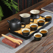 茗峰禅风黑陶功夫茶具套装提梁，茶壶盖碗茶杯，竹制茶盘中式整套茶具