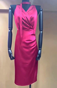 法式玫红飘带缎面气质抽褶连衣裙女2023高级感生日性感系带背心裙
