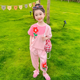 女童夏季休闲套装小女孩时髦洋气花朵韩版儿童，宝宝撞色运动两件套