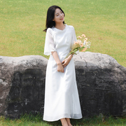 乱在江南简约文艺白色连衣裙女夏季修身显瘦复古蕾丝雪纺仙女长裙