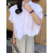 韩国chic夏季简约百搭翻领，宽松不规则短袖衬衫，+高腰开叉半身裙女