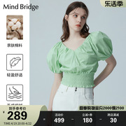 MB MindBridge女士V领泡泡袖衬衫夏季显瘦短款上衣设计感收腰短袖