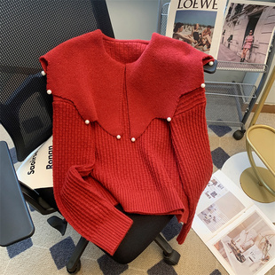 红色毛衣女款2023秋冬洋气时尚钉珠娃娃领针织衫上衣冬季