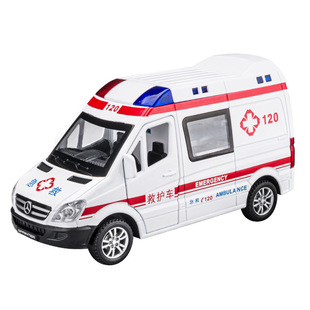 132奔驰救护车仿真合金汽车，模型声光回力担架带人偶儿童玩具