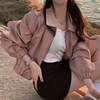 韩国chic秋季小众洋气翻领，宽松休闲百搭纯色，长袖短款pu皮外套女