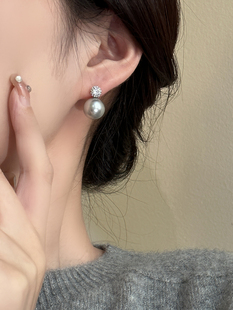 S925银针法式轻奢超闪锆石珍珠简约气质耳环时尚气质通勤小耳钉女