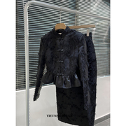 黑色新中式国风套装女冬季高级感流苏，复古外套+半身裙两件套