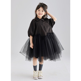 olamimi女童设计感拼接气质，高级黑不规则蓬蓬连衣裙生日纱裙