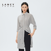 LANCY/悦朗姿女装2023夏季衬衫领收腰显瘦连衣裙子女几何印花