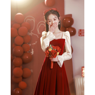 敬酒服2023新娘酒红色平时可穿订婚礼服法式裙子冬季女连衣裙