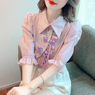 中国风夏季韩版盘扣流苏中袖七分袖衬衫，女时尚气质减龄天丝上衣