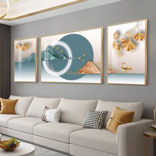 北欧客厅装饰画现代简约沙发后面挂画抽象山水晶瓷镶钻轻奢三联画
