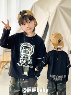 23秋季日系潮男儿童装迷彩贴布绣字母猴子休闲假两件长袖T恤