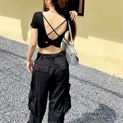 地球店黑色U领后背镂空T恤女夏季交叉绑带设计感小众短款上衣