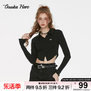 GUUKAHERO黑色针织长袖衬衫女设计感 短款露腰显瘦衬衣女弹力修身