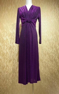 优雅高贵气质v领长袖，法式交叉显瘦连衣裙紫色，亮丝收腰大摆长裙女