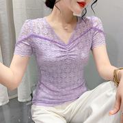 夏季性感V领手工设计感钉珠蕾丝短袖t恤女时尚修身上衣打底衫