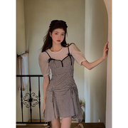 范智乔 黑白格子连衣裙女夏法式吊带裙套装两件套设计感小众裙子