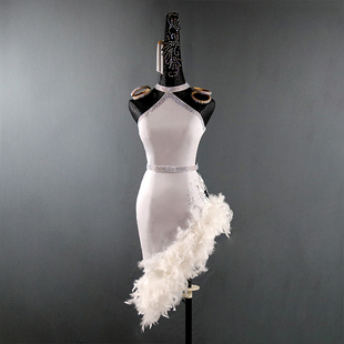 拉丁舞表演出比赛连衣裙高级白羽毛钻中式露背吊带花服装solo