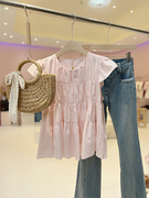 法式甜美小飞袖粉色衬衫，雪纺上衣女夏小个子宽松遮肚子裙摆娃娃衫