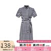 艾格格子连衣裙2022夏季短袖露肩polo领腰带刺绣长裙子女