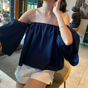 韩版夏季抹胸性感漏肩喇叭袖，上衣百搭甜美宽松一字领露肩衬衫女