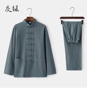 l袖中国风唐装男麻春秋棉麻亚长套装太极服汉服码Y爸大爸装居