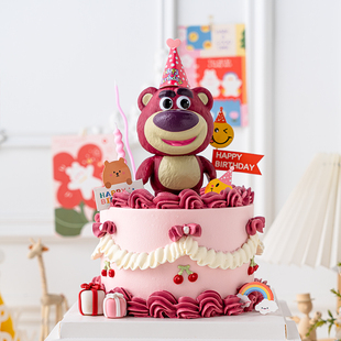 韩式ins风烘焙蛋糕装饰可爱戴生日帽草莓熊摆件儿童派对甜品插件