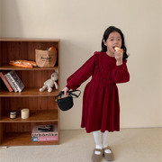 totobaby女童新年裙秋冬韩版针织，裙洋气红色，灯笼袖毛线连衣裙