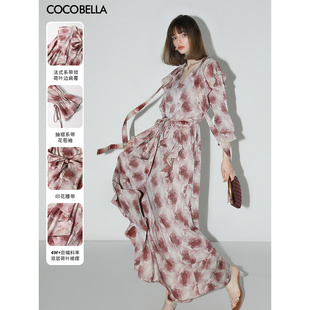 COCOBELLA4米+用料晕染玫瑰荷叶边大摆OL飘带连衣裙FR3037