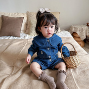 韩版秋季女童翻领，牛仔开衫外套，甜美婴幼儿背带包屁裤哈衣爬服