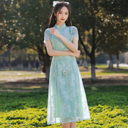 长款绿色奥黛旗袍仙气夏季中国风复古年轻款少女雪纺连衣裙茶服女