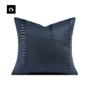 柏洛斯蓝色高级麂皮绒缝皮装饰设计师民宿客厅沙发抱枕背靠垫方形