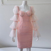 高端轻奢女装粉色甜美钻饰网纱性感修身包臀连衣裙聚会礼服