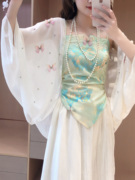 新中式雪纺禅意改良复古时尚开衫，上衣碎花扎染吊带+半身裙三件套