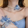 蓝色花朵珍珠项链2024choker颈链，法式高级感锁骨链洛丽塔配饰