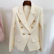 2024大码女装欧美米白色西服狮子金属双排扣修身西装OL通勤短外套
