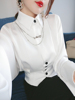 缎面雪纺白色衬衫女春秋季韩版修身设计感小众洋气别致上衣潮
