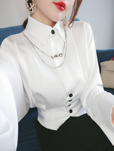 缎面雪纺白色衬衫女春秋季韩版修身设计感小众，洋气别致上衣潮