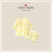 KeryHebn女童夏季五分袖清新黄色纯棉连衣裙短裤套装女宝宝两件套
