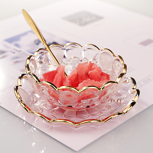 创意时尚透明描金调羹水果捞欧式家用甜品燕窝盅玻璃碗零食摆放盘