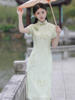 新中式国风印花旗袍2023年夏季年轻款少女绿色，小清新连衣裙
