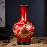 领格景德镇陶瓷器红牡丹花瓶水晶釉花开富贵花瓶客厅家居装饰品摆