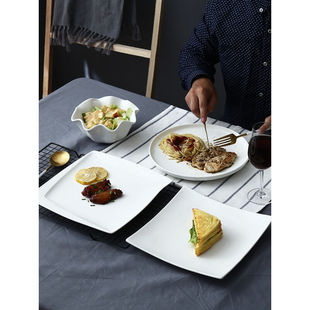 创意西餐盘子纯白牛排盘子家用菜盘方盘碟子平盘陶瓷西式餐具10